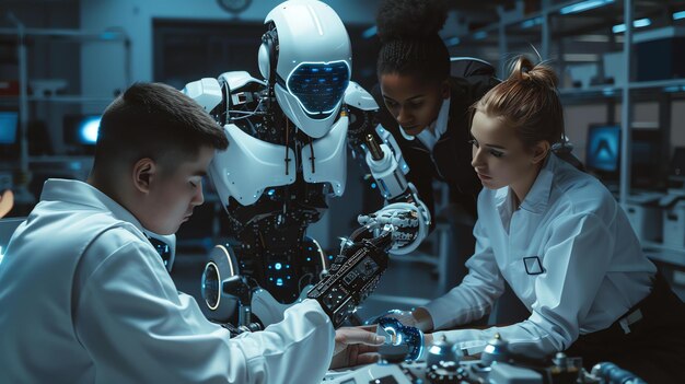 Foto grupo de cientistas trabalhando em um robô o robô está sentado em uma mesa enquanto os cientistas estão de pé em torno dele