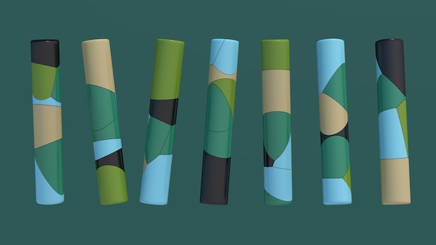 Grupo de cilindros bege preto azul verde Ilustração abstrata 3d render