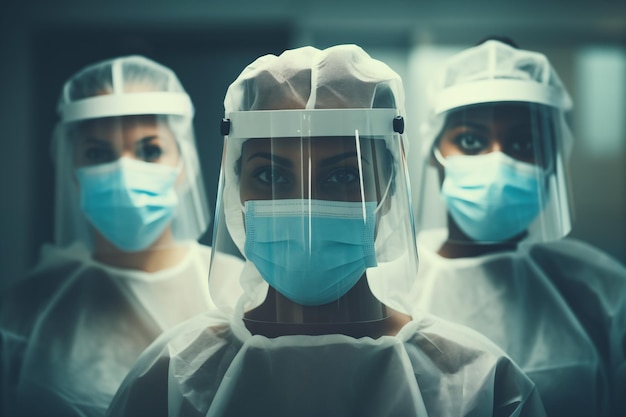 Grupo de cirurgiões a trabalhar na sala de cirurgia tonada em azul
