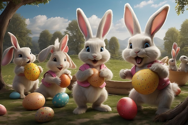 Grupo de coelhos de Páscoa com ovos coloridos no jardim