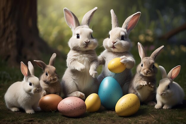 Grupo de coelhos de Páscoa com ovos coloridos no jardim