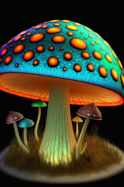 Grupo de cogumelos coloridos sentados em cima de um exuberante campo verde generativo ai