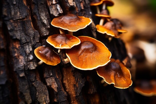Grupo de cogumelos que crescem no tronco de árvore na floresta IA generativa