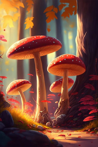 Grupo de cogumelos sentado em cima de uma exuberante floresta verde generativa ai