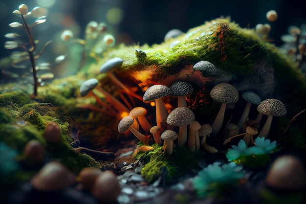 Grupo de cogumelos sentado em cima de uma floresta coberta de musgo generativa ai