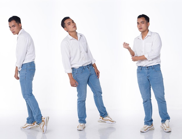 Grupo de colagem Comprimento total Estalo de figura de 20 anos estudante universitário asiático homem cabelo preto camisa branca calça jeans e sapatilhas Masculino estandes expressam sentimento posa feliz sobre fundo branco isolado