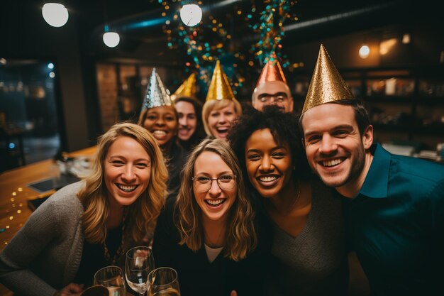 Grupo de colegas alegres desfrutando de uma festa no escritório conceito de celebração de festa de ano novo