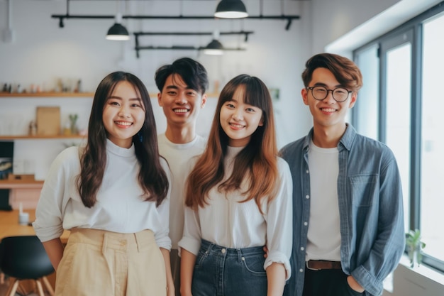 Grupo de colegas de trabalho asiáticos posando para uma foto no escritório
