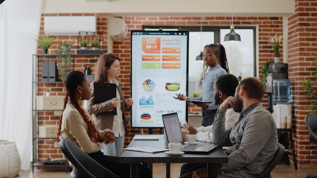 Grupo de colegas de trabalho reunidos em conferência de negócios para apresentação e planejamento de projetos no escritório de inicialização. Mulheres mostrando gráficos com análise financeira no monitor para desenvolvimento.