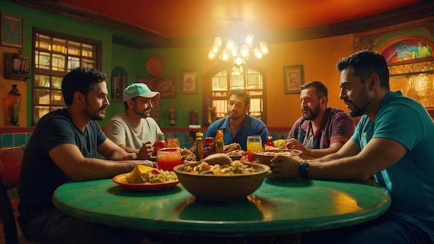 Grupo de comida mexicana à mesa comendo refeição tradicional