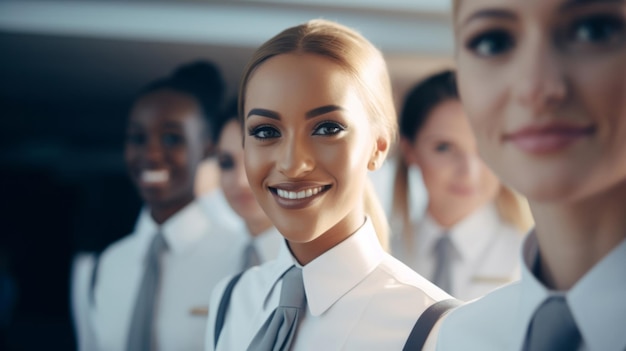 Grupo de conceito de viagem de serviço amigável da tripulação de cabine da aeromoça sorridente