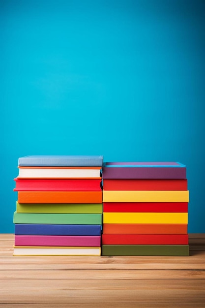 Foto grupo de conceitos de educação e leitura de livros coloridos na mesa de madeira