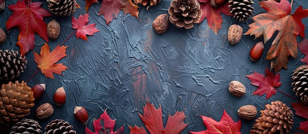 Grupo de cones de pinheiro e folhas em superfície azul