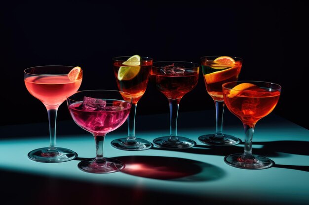 Foto grupo de copos cheios de diferentes tipos de bebidas