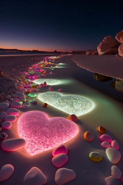 Grupo de corações sentado em cima de uma praia de areia generativa ai