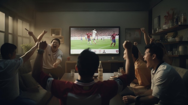 Foto grupo de coreanos torcendo e torcendo assistindo futebol na tv em casa