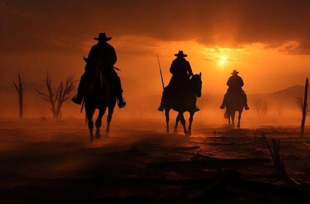 Grupo de cowboy andando a cavalo ao pôr do sol