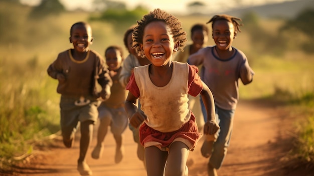Grupo de crianças africanas alegres correndo