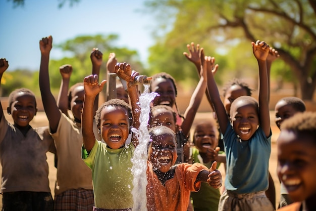 Grupo de crianças africanas felizes brincando com água perto de um poço na África Problemas de água limpa
