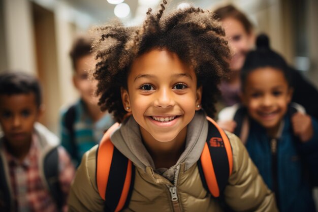 grupo de crianças afro-americanas da escola em um corredor seguindo em frente