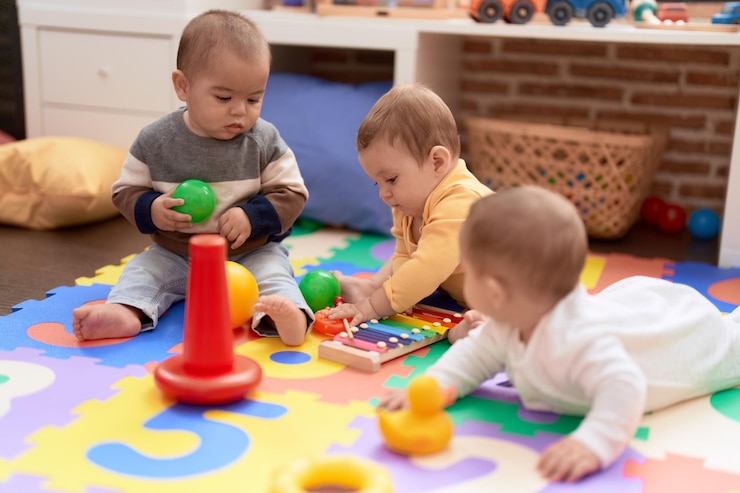 Foto grupo de crianças brincando com brinquedos sentados no chão do jardim de infância