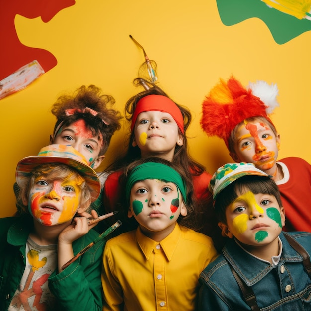 Foto grupo de crianças com rostos pintados posando para foto