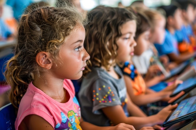 Foto grupo de crianças concentradas usando tablets digitais para educação em sala de aula