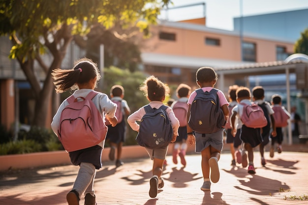 Grupo de crianças da escola primária correndo na escola vista de trás conceito de volta à escola