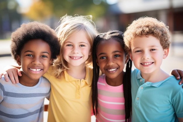 Grupo de crianças de escolas primárias diversas de pé juntas e olhando para a câmera