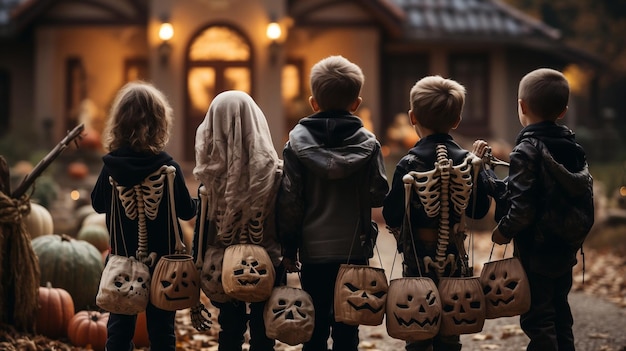 Grupo de crianças disfarçadas em frente a uma casa pedindo doces no Halloween