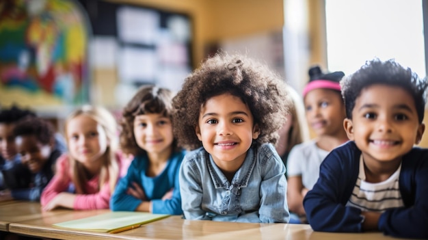 Grupo de crianças diversas em sala de aula com educação positiva e feliz