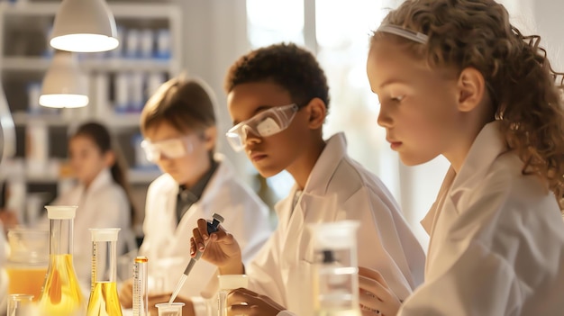 Foto grupo de crianças diversas vestindo casacos de laboratório e óculos de segurança conduzindo uma experiência científica em um laboratório escolar