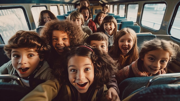 Grupo de crianças divertidas no ônibus escolar