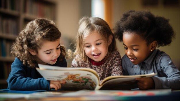 Foto grupo de crianças em idade pré-escolar lendo um livro sentadas na sala de aula