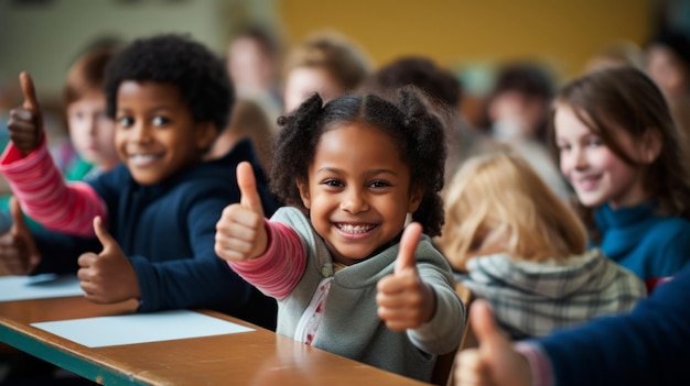 Grupo de crianças em sala de aula mostrando polegares para uma educação positiva e feliz