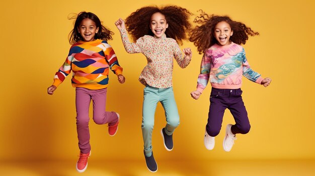 Grupo de crianças esportivas alegres e felizes pulando juntos fundo isolado para o dia das crianças ai generativo