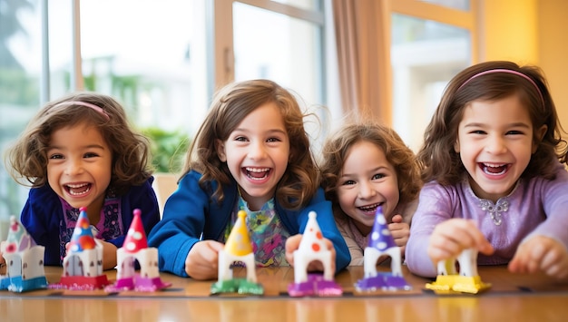 Grupo de crianças felizes brincando com plasticina em casa