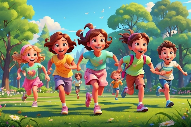 Foto grupo de crianças felizes no parque na grama verde crianças brincando e correndo na grama