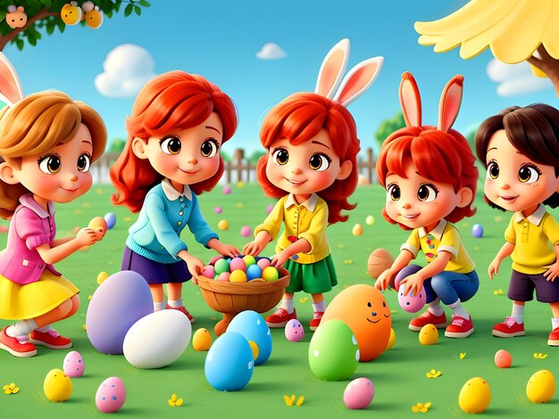 Grupo de crianças jogando jogos como rolar ovos ou bater ovos na segunda-feira de Páscoa Ilustração Imagem