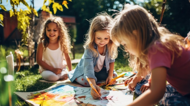 Grupo de crianças pintando ao ar livre em um dia ensolarado