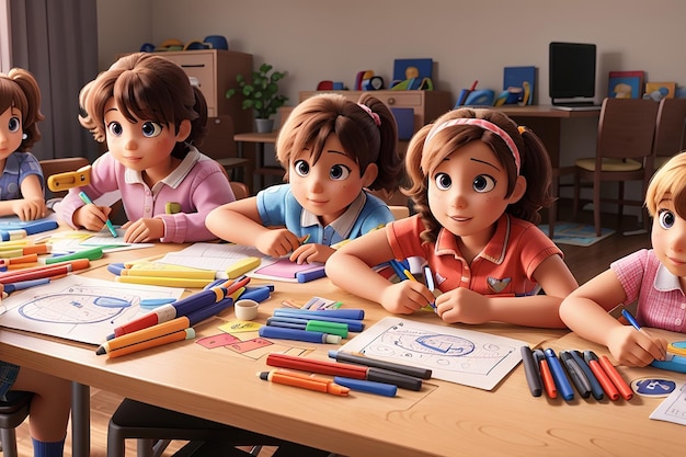 Foto grupo de crianças sentadas em uma mesa com marcadores, lápis de cor e papelão colorido