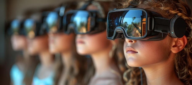 Grupo de Crianças Vestindo Óculos de Realidade Virtual em close-up extremo
