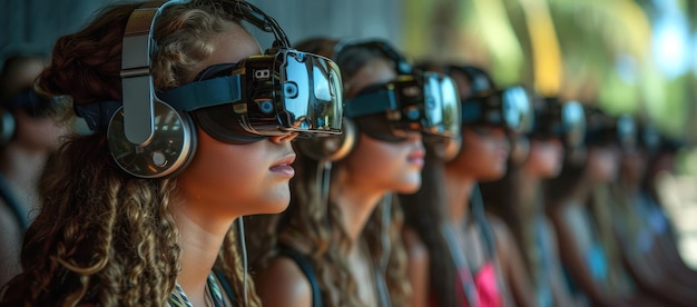 Grupo de Crianças Vestindo Óculos de Realidade Virtual em close-up extremo