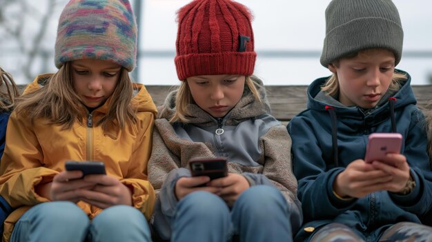 Grupo de crianças viciadas em telefones celulares Viciado em jogos de azar personalidade fechada criança dependência psicológica socialização