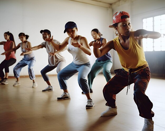 Grupo de dançarinos de hip-hop enérgicos focados em treinar enquanto se reúnem em uma dança espaçosa