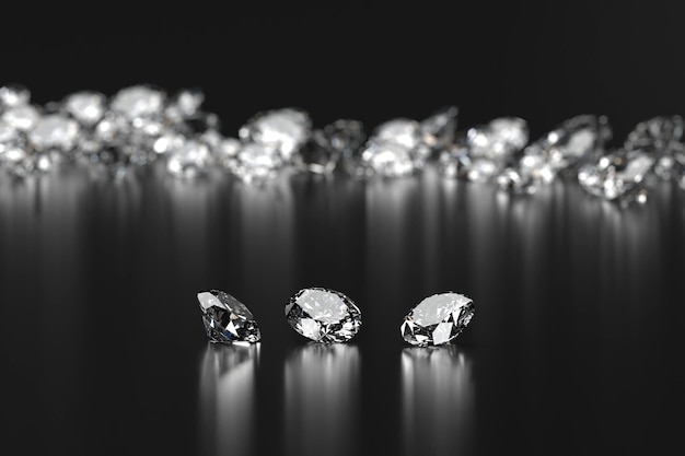 Grupo de diamantes colocado na renderização 3d de fundo brilhante