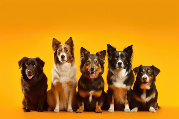 Grupo de diferentes raças de cães em um fundo amarelo