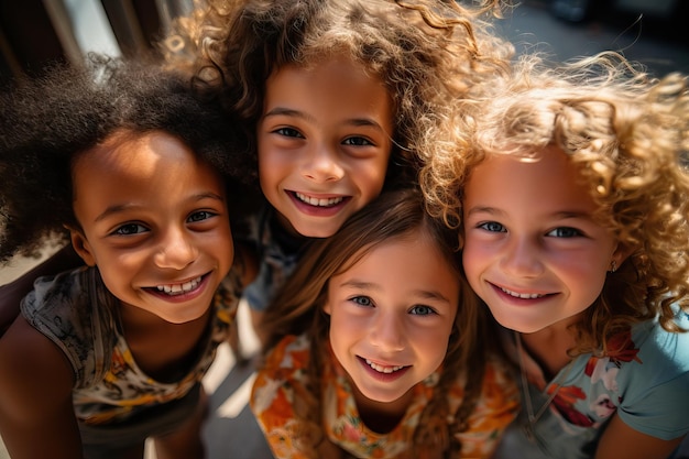 Grupo de diversas crianças multiétnicas felizes e alegres e divertidas ao ar livre