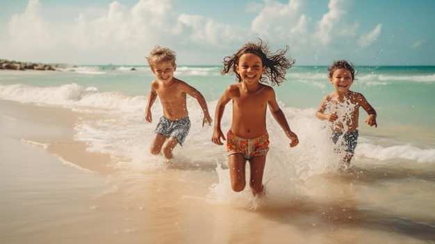 Foto grupo de diversas crianças pequenas curtindo e correndo juntas no mar em uma praia tropical durante as férias de verão the generative ai