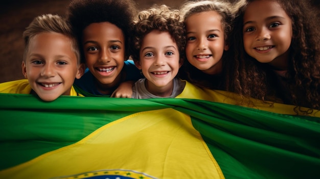 Grupo de diversas crianças segurando uma bandeira educam e celebram diferentes nacionalidades e países